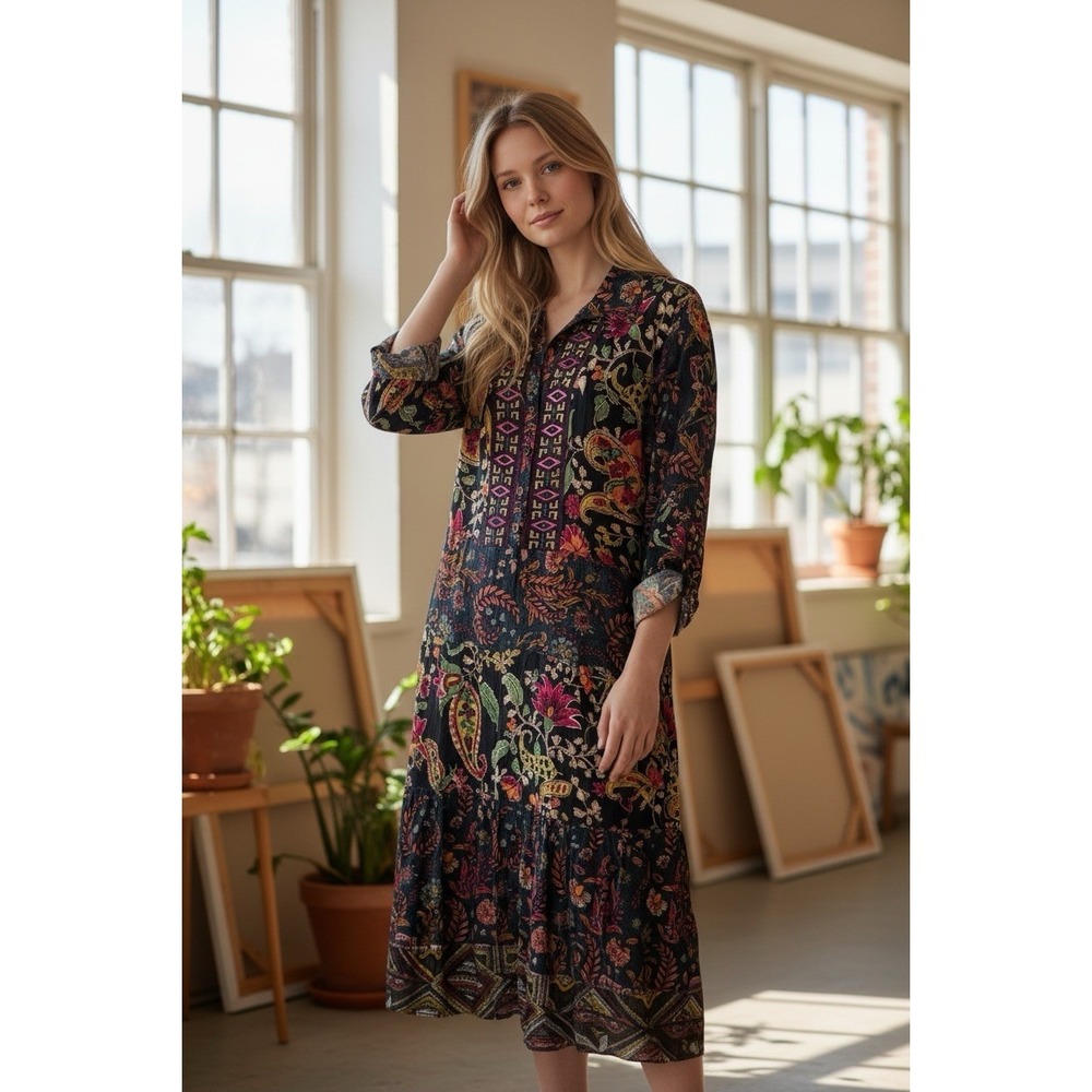 New John Mark Autumn Hues Floral‎ Dress 2X Embroidered Garden Forest Fairy